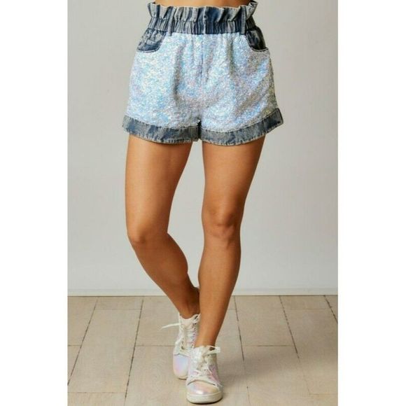 Fantastic Fawn Sequin Color Block Paper Bag Denim Shorts in Denim IFP51932-03 - Picture 3 of 6